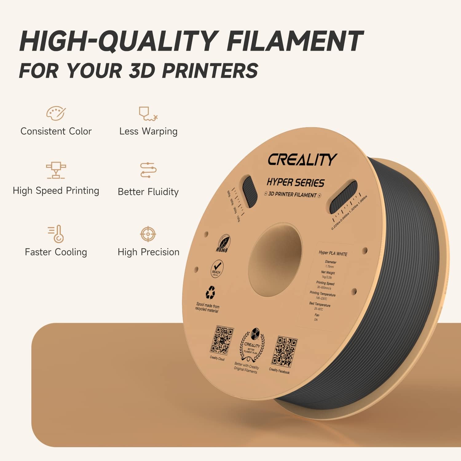 Creality Hyper Series PLA 3D Printing Filament Black, 1.75MM, Net Weight-1KG