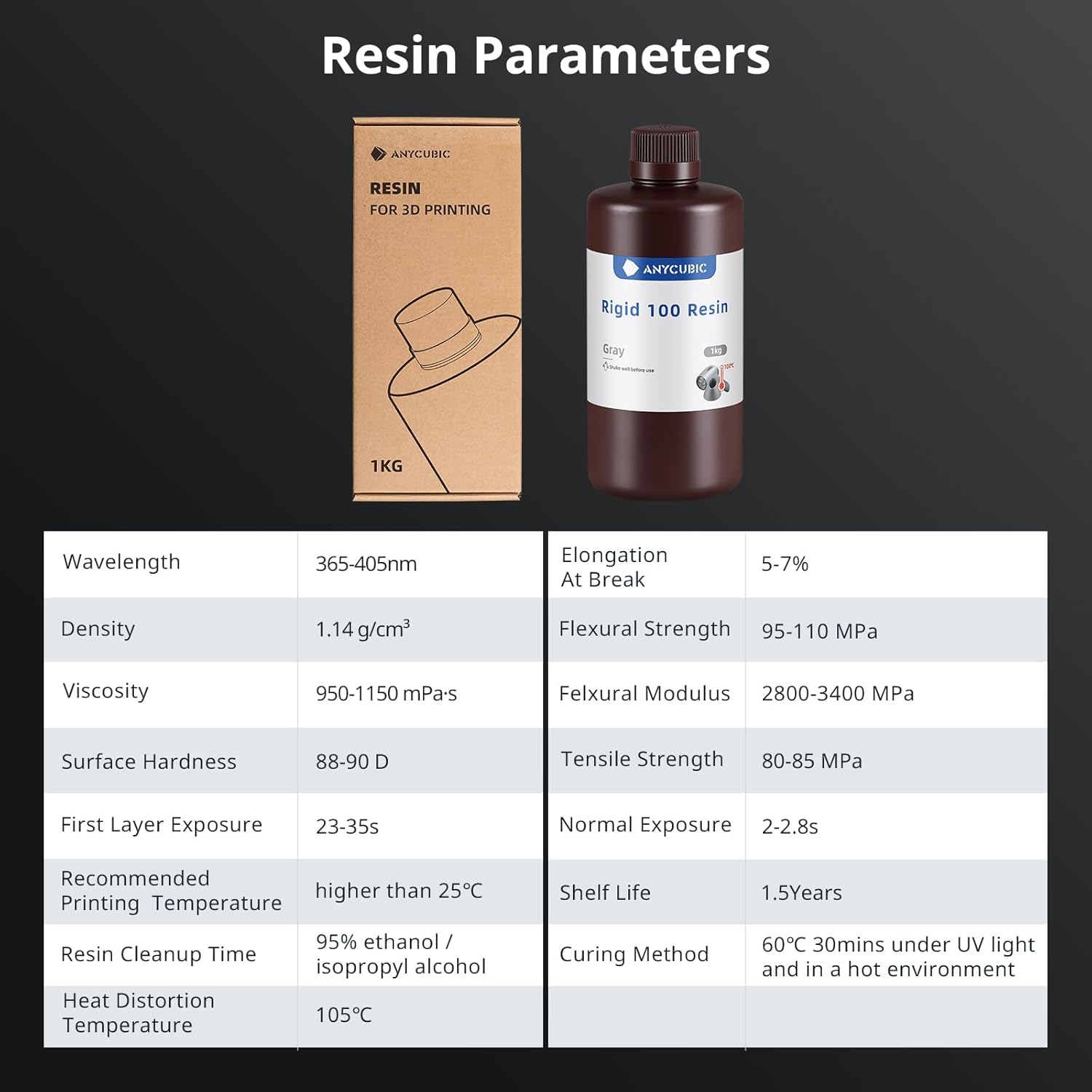 Anycubic Rigid 100 Resin (Black) 1KG 3D Filaments