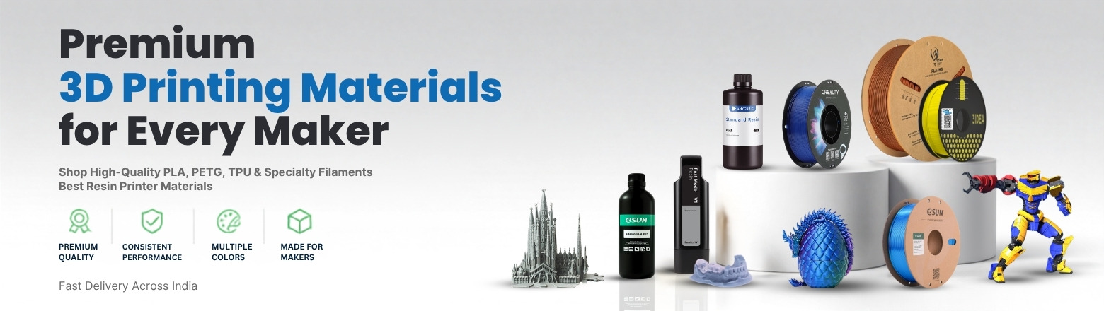 Premium 3D printing materials for every maker: PLA, PETG, TPU, specialty filaments and resins, with fast delivery across India